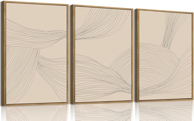 myusuar 3 Piece Large Modern Abstract Canvas Framed Wall Art For Living Room, Beige Minimalist Wall Art Decor Posters Prints For Bedroom Office, 24x36in