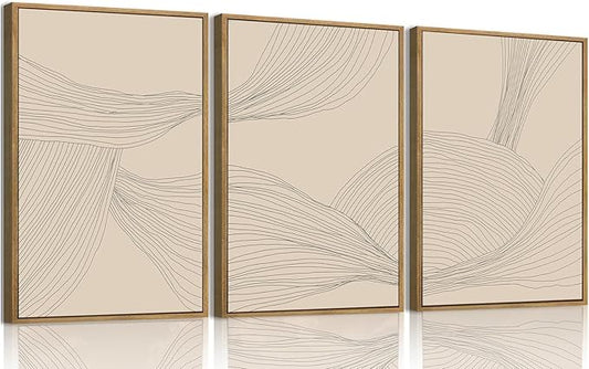myusuar 3 Piece Large Modern Abstract Canvas Framed Wall Art For Living Room, Beige Minimalist Wall Art Decor Posters Prints For Bedroom Office, 24x36in