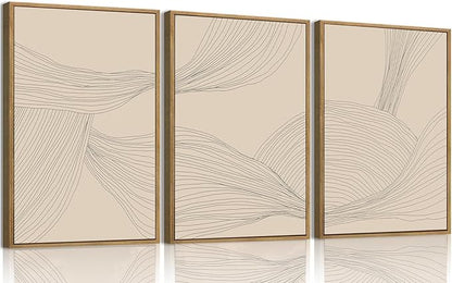 myusuar 3 Piece Large Modern Abstract Canvas Framed Wall Art For Living Room, Beige Minimalist Wall Art Decor Posters Prints For Bedroom Office, 16x24in