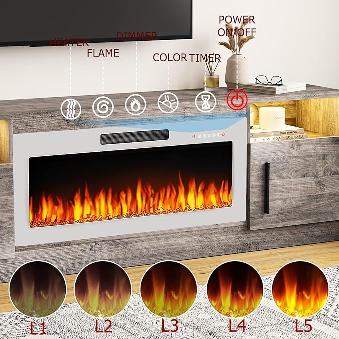 TAVATA 70" Fireplace TV Stand, Modern LED Light Entertainment Center with Storage and 36" Fireplace, Media TV Console for TVs Up to 80", Fire Place TV Stands for Living Room, Grey+White