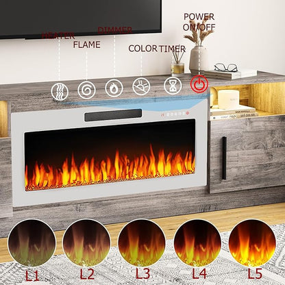 TAVATA 70" Fireplace TV Stand, Modern LED Light Entertainment Center with Storage and 36" Fireplace, Media TV Console for TVs Up to 80", Fire Place TV Stands for Living Room, Grey+White