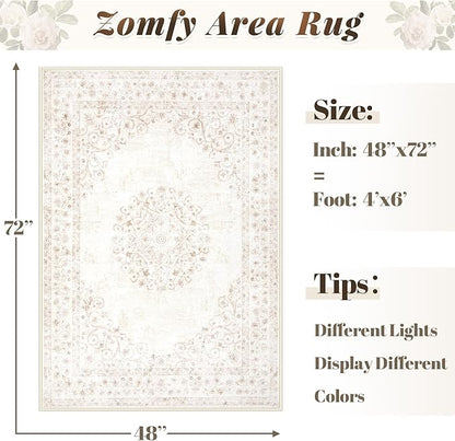 Area Rug 4x6 Vintage Rug: Washable Indoor Medallion Rugs Low Pile Distressed Floor Carpet Retro Accent Rug for Living Room Bedroom Kitchen Dining Table Home Office(Distressed Beige, 4'x6')