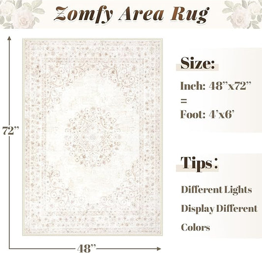 Area Rug 4x6 Vintage Rug: Washable Indoor Medallion Rugs Low Pile Distressed Floor Carpet Retro Accent Rug for Living Room Bedroom Kitchen Dining Table Home Office(Distressed Beige, 4'x6')