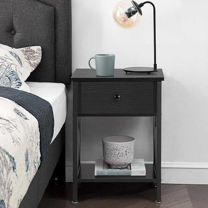 VECELO End Tables, Modern Nightstand with Drawer & Shelf, Night Stand for Bedroom Living Room,Industrial Metal Frame