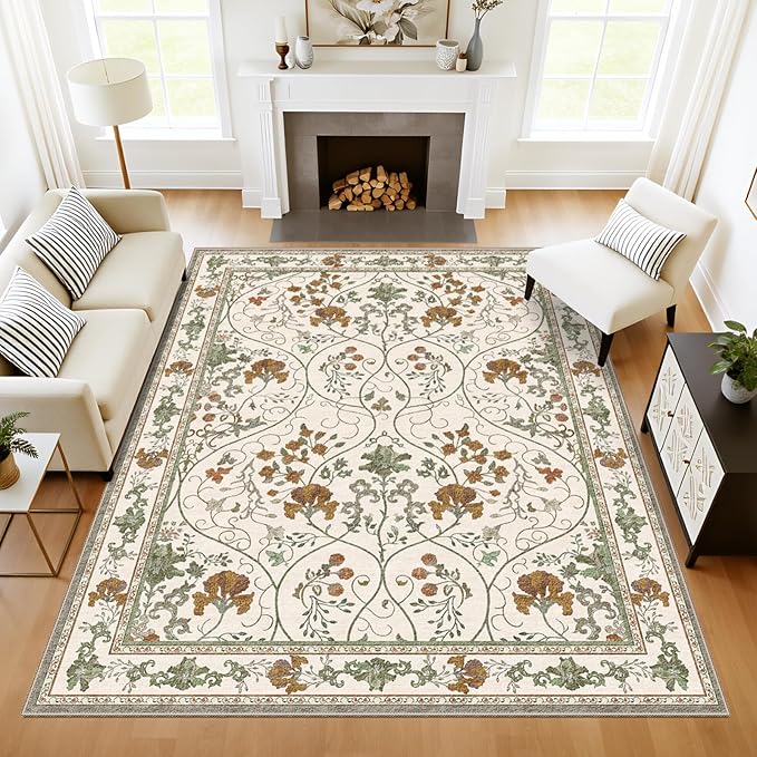 Area Rug 6x9 Machine Washable Vintage Floral Rugs for Living Room,Large Boho Non Slip Indoor Carpet for Bedroom Dining Room,Beige White