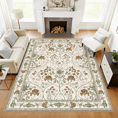 Area Rug 6x9 Machine Washable Vintage Floral Rugs for Living Room,Large Boho Non Slip Indoor Carpet for Bedroom Dining Room,Beige White