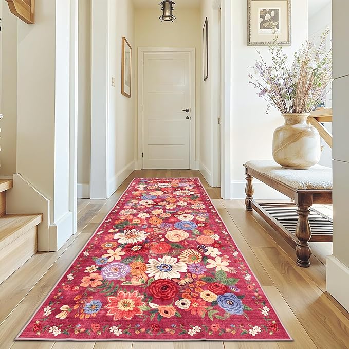 Rug for Hallways Kitchen Rug 3x7, Non Slip Washable Runner Rug with Rubber Backing Soft Floral Carpet for Hallways, Kitchen, Laundry, Bedroom, Bathroom, Red Garden