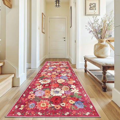 Rug for Hallways Kitchen Rug 3x7, Non Slip Washable Runner Rug with Rubber Backing Soft Floral Carpet for Hallways, Kitchen, Laundry, Bedroom, Bathroom, Red Garden