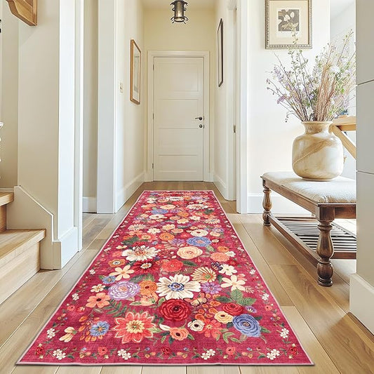 Rug for Hallways Kitchen Rug 3x7, Non Slip Washable Runner Rug with Rubber Backing Soft Floral Carpet for Hallways, Kitchen, Laundry, Bedroom, Bathroom, Red Garden