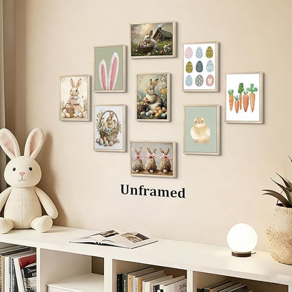 9 Pcs Easter Bunny Wall Decor, Vintage Holiday Wall Art Painting, Rustic Easter Egg Décor Oil Paintings, Fun Rabbit Canvas Poster Print Picture, Vintage Home Decor Animals Artwork Prints 8''x10'' Unframed