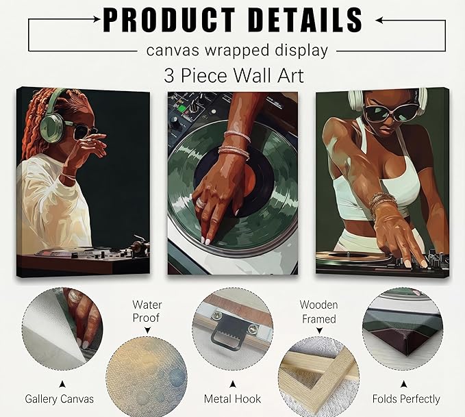 3pcs Trendy Black Girly Dj Canvas Wall Art Fashion African American Black Women Wall Decor Pictures Muisc Record Posters Prints Paintings for Bedroom Living Room Decoration Prepare To Hang