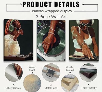 3pcs Trendy Black Girly Dj Canvas Wall Art Fashion African American Black Women Wall Decor Pictures Muisc Record Posters Prints Paintings for Bedroom Living Room Decoration Prepare To Hang