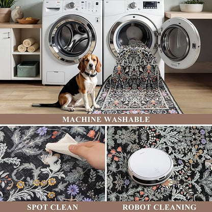 3x6 Washable Non-Slip Kitchen Runner Rug – Vintage Botanical with Animals Wide Floor Carpet Runner with Rubber Backing for Entryway, Hallway, Bathroom, Living Room, Low Pile Thin (Vibrant Black)