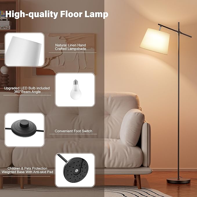SIBRILLE Floor Lamp with Linen Shade, Dimmable Tall Standing Lamp with Remote Control & 3 Color Temperatures Bulb, Modern Swing Arm Floor Lamps for Living Room Bedroom Office Corner