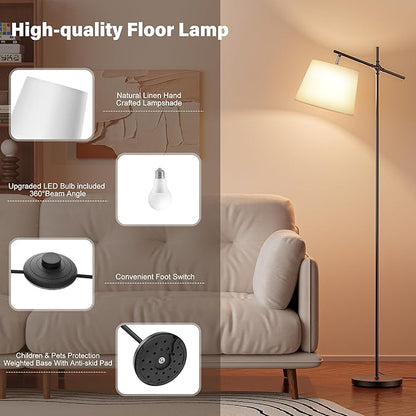 SIBRILLE Floor Lamp with Linen Shade, Dimmable Tall Standing Lamp with Remote Control & 3 Color Temperatures Bulb, Modern Swing Arm Floor Lamps for Living Room Bedroom Office Corner