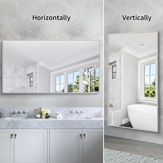 COFENY 30x55In Silver Bathroom Mirror for Wall, Brushed Nickel Rectangle Mirrors with Metal Frame, Bathroom Rectangular Mirror Modern Wall Mirror for Bedroom Living Room, Hangs Horizontal or Vertical