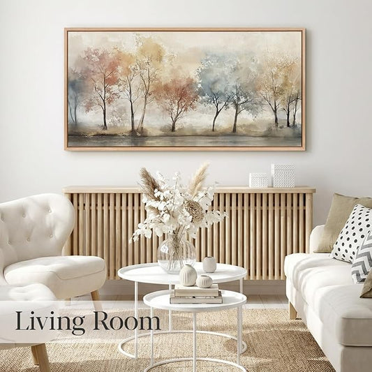Bzstyleart Large Wood Framed Wall Art Watercolor Trees Print Abstract Landscape Painting Canvas Plant Pictures for Aesthetic Room Decor Countryside Wall Decor for Living Room 20x40in