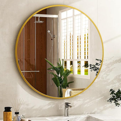 30 Inch Round Bathroom Mirror - Gold Wall Mounted Circle Mirror with Metal Frame, Modern Round Hanging Mirror Suitable for Bathroom, Vanity, Entryway, Living Room