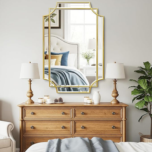 36 * 24 Beveled Gold Rectangular Mirror for Wall, Traditional Art Decorative Vanity Mirror for Bathroom Living Room Bedroom Kitchen Entrance