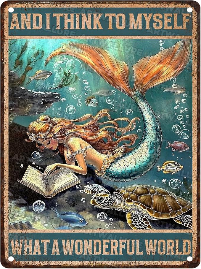 Mermaid Wall Decor Vintage Metal Tin Sign Wonderful World Poster Funny Home Cave Bar Decor 12x16inch