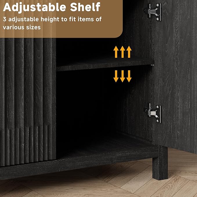 Fatmok Fluted Buffet Cabinet with Storage, 34" Tall Modern Arched Sideboard Cabinet w/AdjustableShelves,Wooden Modular Coffee Bar for Dining Room, Kitchen, Living Room, Entryway, Black