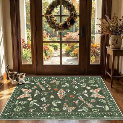 ROYHOME Mushroom 8x10 Area Rugs for Living Room Low-Pile Whimsical Cottage Core Insect Bug Butterfly Funky Dark Gothic Decor for Bedroom Nursery Dining Room Olive Green