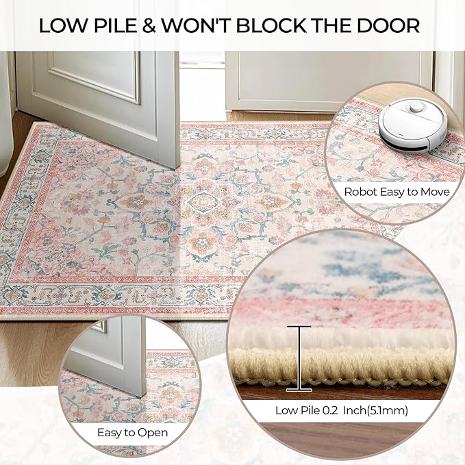 CAPALOCA Machine Washable Rugs Nursery Rug 6x9 Cute Girl Non Slip Low Pile Water Repellent Soft Print Pattern for Bedroom Indoor Decor Kids Playroom Pink Teal