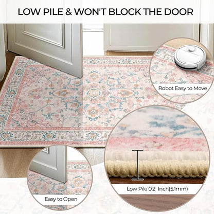 CAPALOCA Machine Washable Rugs Nursery Rug 3x5 Cute Girl Non Slip Low Pile Water Repellent Soft Print Pattern for Bedroom Indoor Decor Kids Playroom Pink Teal