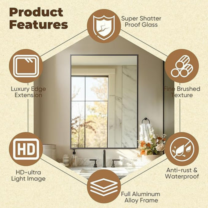 Antok 40x30 Black Metal Framed Bathroom Mirror, Wall Mirror with Rect Corners, Vanity Mirror for Over Sink, Anti-Rust Tempered Glass, Horizontal/Vertical Hanging for Bathroom, Living Room, Entryway