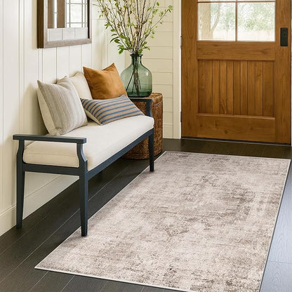 Washable 4x6 Area Rug for Entryway Indoor, Living Room, Kitchen, Bedroom Bedside - Stain-Resistant Non-Slip with Rubber Backing, Unique Floral Aesthetic Décor, Light Brown & Beige