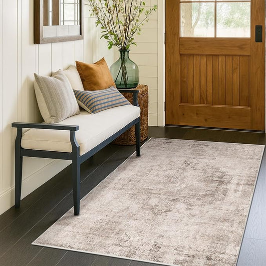 Washable 4x6 Area Rug for Entryway Indoor, Living Room, Kitchen, Bedroom Bedside - Stain-Resistant Non-Slip with Rubber Backing, Unique Floral Aesthetic Décor, Light Brown & Beige