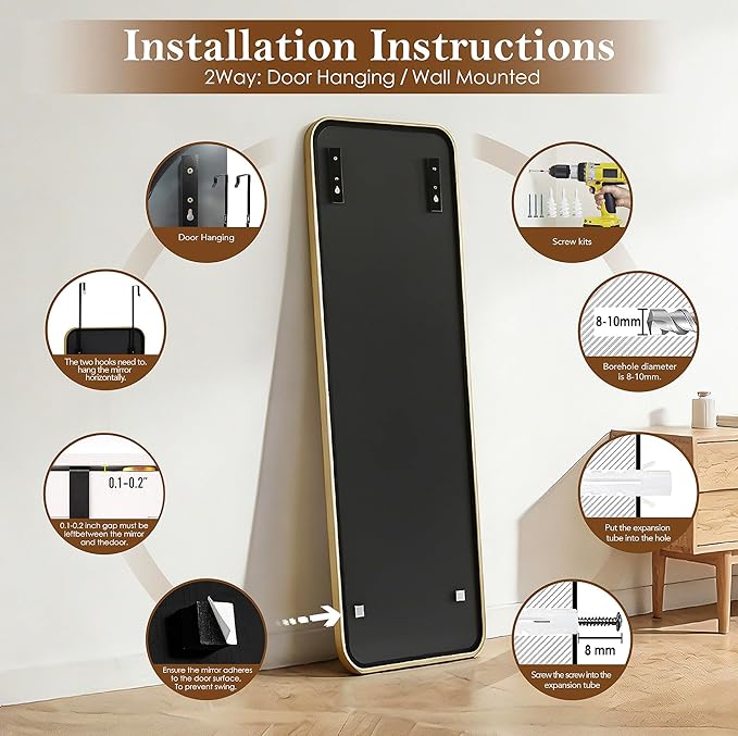 NARCISSUS 47x14 Mirror Door Hanging Full Length,Over Door or Wall Mounted Aluminum Alloy Frame Tempered Glass Rectangle Full Body Mirrors for Bedroom Dressing Living Room Bathroom 47 inch Gold