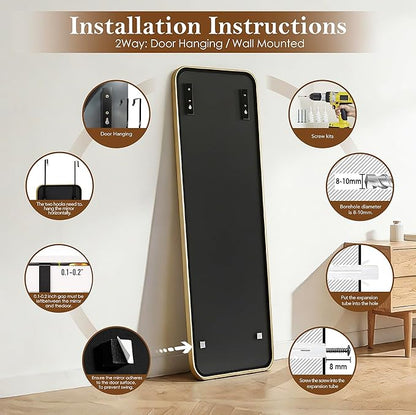 NARCISSUS 47x14 Mirror Door Hanging Full Length,Over Door or Wall Mounted Aluminum Alloy Frame Tempered Glass Rectangle Full Body Mirrors for Bedroom Dressing Living Room Bathroom 47 inch Gold