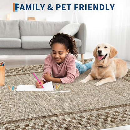 GarveeHome Washable Area Rugs 10x13 Non Slip Soft Large Living Room Rug Modern Checkered Bedroom Rug Soft Geometric Bordered Throw Carpet for Dining Room Home Decor Office Nursery, Taupe