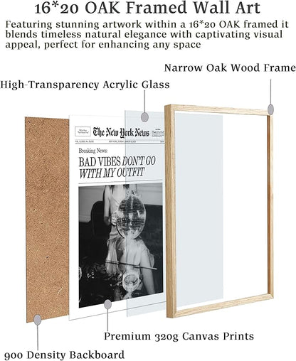EcoHest Trendy Newspaper Magazine Framed Wall Art, 16x20 in Large OAK Wood Bad Vibes Don't Go With My Outfit Disco Bar Canvas Wall Art, Preppy Retro Home Decor For Bedroom Living Room 1Pack