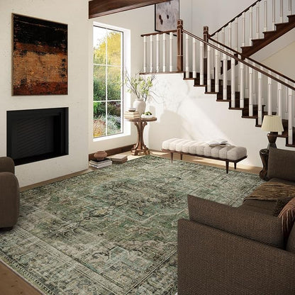 palohom 10x12 Area Rug Washable Rugs: Large Living Room Rug Stain Resistant Non Slip Distressed Vintage Low Pile Faux Wool Soft Green Rugs for Bedroom Farmhouse Dining Room Kids Playroom Nursery