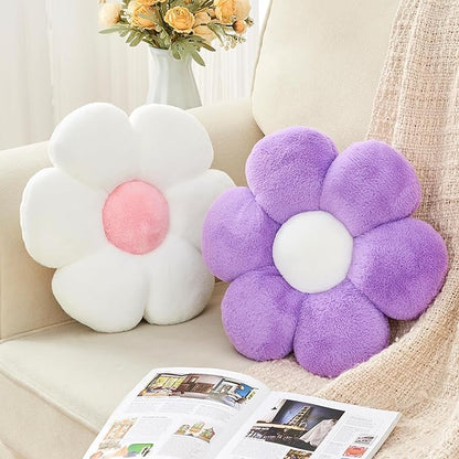2 Pcs Flower Throw Pillow,15.7'' Daisy Flower Shaped Pillows Set with Faux Rabbit Fur,Soft Flower Plush Throw Pillow Cushions for Bed Sofa Couch Home Decor(White+Purple)