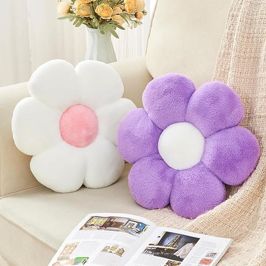 2 Pcs Flower Throw Pillow,15.7'' Daisy Flower Shaped Pillows Set with Faux Rabbit Fur,Soft Flower Plush Throw Pillow Cushions for Bed Sofa Couch Home Decor(White+Purple)