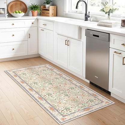 2x5 Non-Slip Washable Runner Rug –Botanical Vintage Florals Small Rug for Hallway, Kitchen, Bathroom, Bedroom, Entryway, Laundry Room – Thin Soft Low-Pile Rubber Backing (Cream, 2x5)