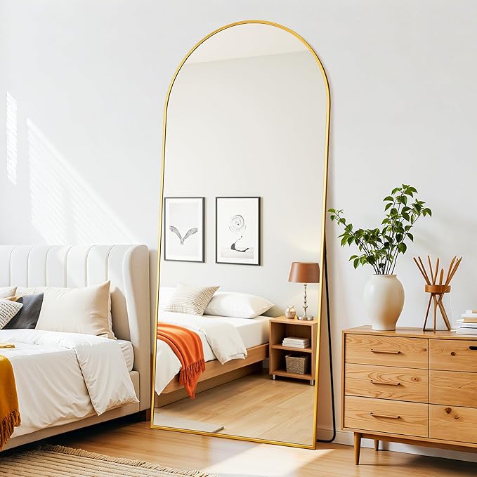 71"×28" Arched Full Length Floor Mirror, Standing Mirror with Aluminum Frame, Large Body Mirror of Free Standing/Wall Mount/Leaning for Bedroom, Living Room, Dressing Room, Gold