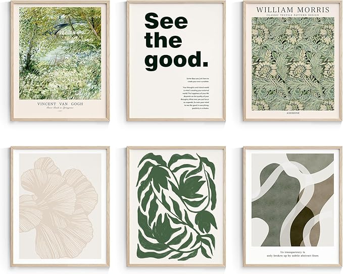 Habseligkeit Green Wall Art Prints, Retro Wall Decors for Room Aesthtic, Abstract Posters for Bedroom Decor Aesthetic Unframed, 8X10in, Set of 6