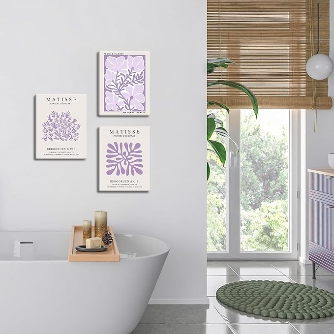 Framed Purple Matisse Wall Art Set of 3, Abstract Henri Matisse Canvas Wall Decor Paintings, Light Purple Flower Market Room Aesthetic Posters Prints for Living Room Bedroom Bathroom 12x16 In