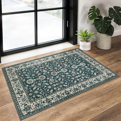 KUTA Vintage 2x3 Rugs for Entryway, Non-Slip Washable Kitchen Rugs & Indoor Door Mat with Floral Print, Green Beige Ultra Thin Soft Low-Pile Throw Rug for Front Door, Bedside, Small Spaces