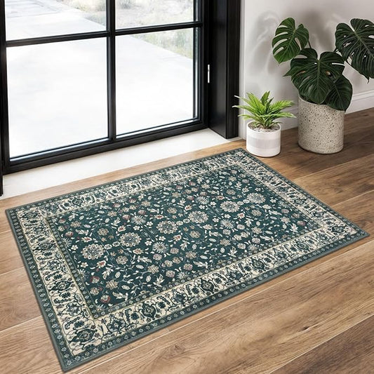 KUTA Vintage 2x3 Rugs for Entryway, Non-Slip Washable Kitchen Rugs & Indoor Door Mat with Floral Print, Green Beige Ultra Thin Soft Low-Pile Throw Rug for Front Door, Bedside, Small Spaces