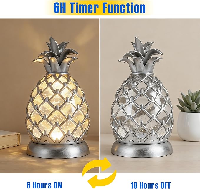 8.3 in Pineapple Table Lamp with Swirling Glitter and 6 Hours Timer, 3 Modes (ON/OFF/TIMER) USB & Battery Operated Cool White LED Night Light, Decorative Lamp for Bedroom, Living Room, Office Gift