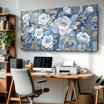 amatop Extra Large Blue White And Gray Plant Canvas Wall Art; Modern Abstract Flower Print Picture For Living Rooms, Dining Rooms, Bedrooms, Offices, And Meeting Rooms. 58X29 Inches.