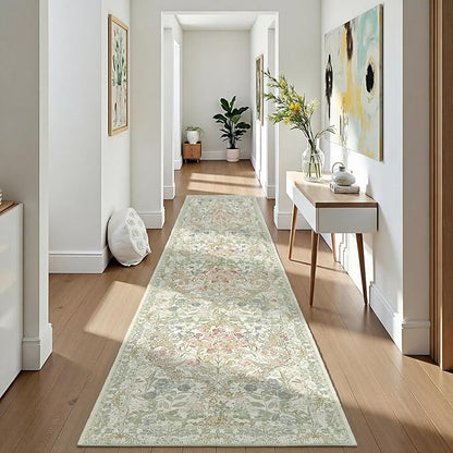 Vintage Sage Green 2'6" x 8' Runner Rug for Hallway, Kitchen, Bathroom, Entryway Indoor, Washable Non Slip Rubber Backing Stain Resistant - Botanical Home Decor