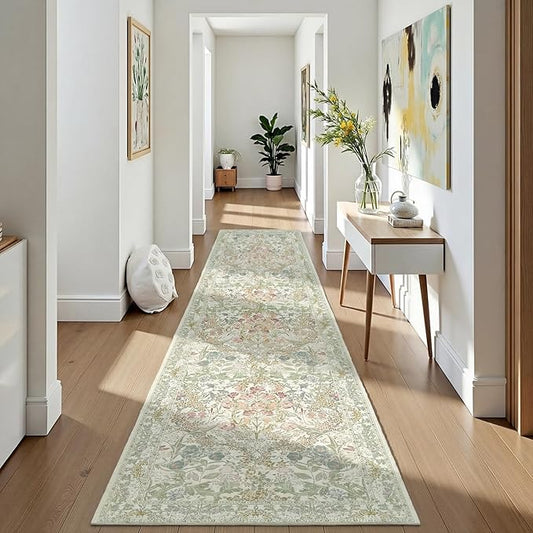 Vintage Sage Green 2'6" x 8' Runner Rug for Hallway, Kitchen, Bathroom, Entryway Indoor, Washable Non Slip Rubber Backing Stain Resistant - Botanical Home Decor