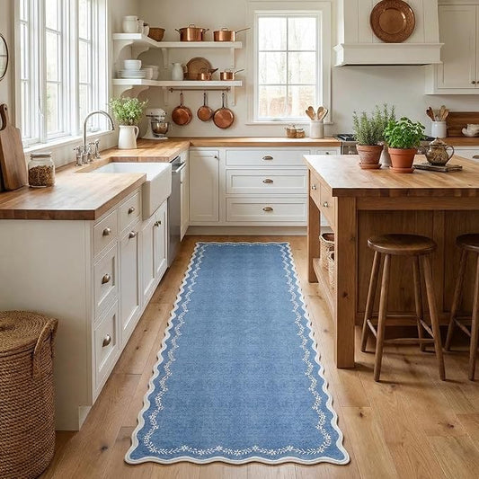 GarveeHome 2.6x10 Scalloped Washable Runner Rug for Kitchen, Soft Blue Long Hallway Runner Non Slip Entryway Rug Farmhouse Thin Laundry Mat Stain Resistant Carpet for Bathroom Beside Rug