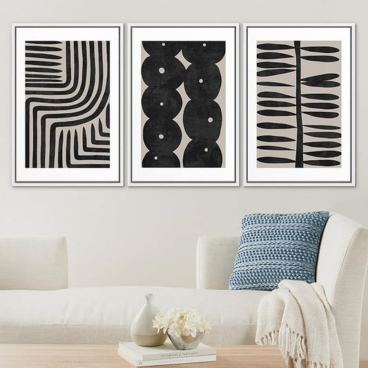 SIGNLEADER Framed Canvas Print Wall Art Set Geometric Black Paint Stroke Patterns Abstract Shapes Illustrations Modern Art Decorative Contemporary for Living Room, Bedroom, Office - 16"x24"x3 WHITE